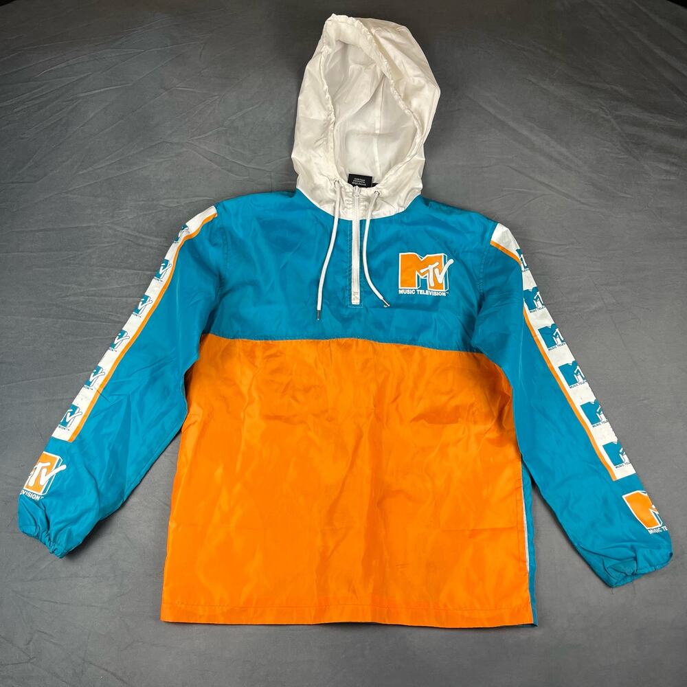 MTV Logo Hooded Windbreaker Jacket Quarter Zip Music Television Color Block Tape
